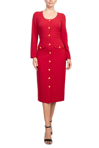 Taylor Scoop Neck Long Sleeve Banded Front Button Closure Solid Stretch Crepe Dress - Glamourous Grace