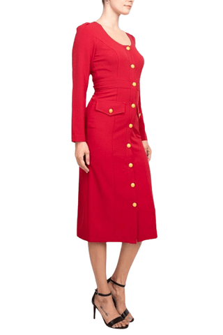 Taylor Scoop Neck Long Sleeve Banded Front Button Closure Solid Stretch Crepe Dress - Glamourous Grace