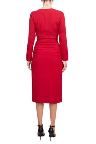 Taylor Scoop Neck Long Sleeve Banded Front Button Closure Solid Stretch Crepe Dress - Glamourous Grace