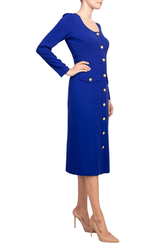 Taylor Scoop Neck Long Sleeve Banded Front Button Closure Solid Stretch Crepe Dress - Glamourous Grace