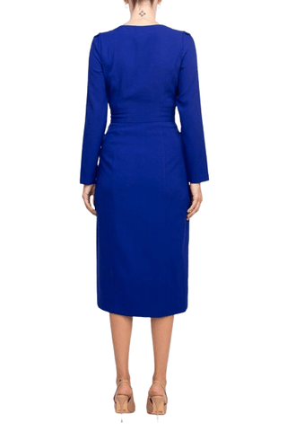 Taylor Scoop Neck Long Sleeve Banded Front Button Closure Solid Stretch Crepe Dress - Glamourous Grace