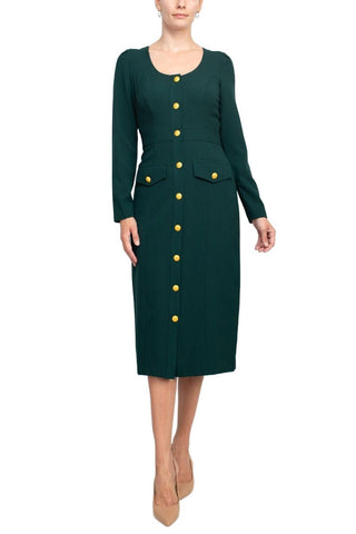 Taylor Scoop Neck Long Sleeve Banded Front Button Closure Solid Stretch Crepe Dress - Glamourous Grace