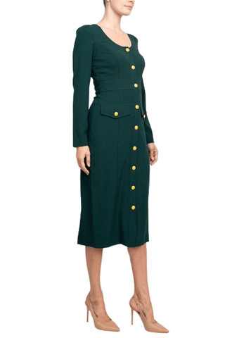 Taylor Scoop Neck Long Sleeve Banded Front Button Closure Solid Stretch Crepe Dress - Glamourous Grace