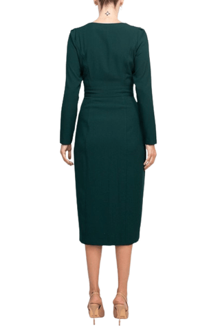 Taylor Scoop Neck Long Sleeve Banded Front Button Closure Solid Stretch Crepe Dress - Glamourous Grace