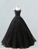 Women's Elegant Black Tulle Lace Ball Gown | Spaghetti Strap Evening Dress