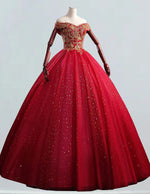 Red Off-Shoulder Tulle Ball Gown | Beaded Prom & Wedding Dress | Elegant Evening Attire
