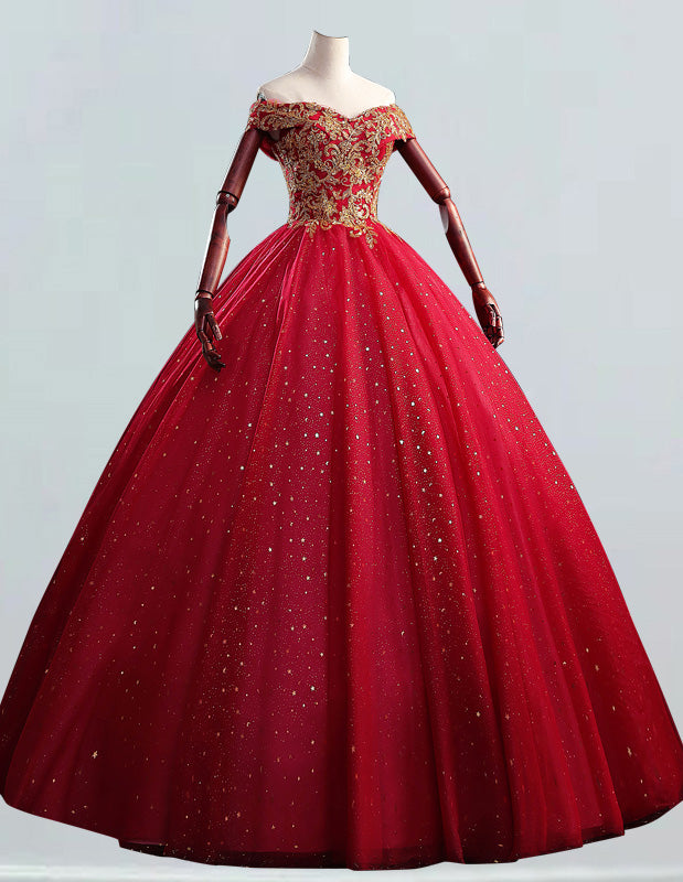 Red Off-Shoulder Tulle Ball Gown | Beaded Prom & Wedding Dress | Elegant Evening Attire