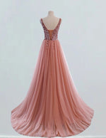 Coral beaded tulle ball gown v neck bridal party dress long princess dress rhinestone crystal graduation gown