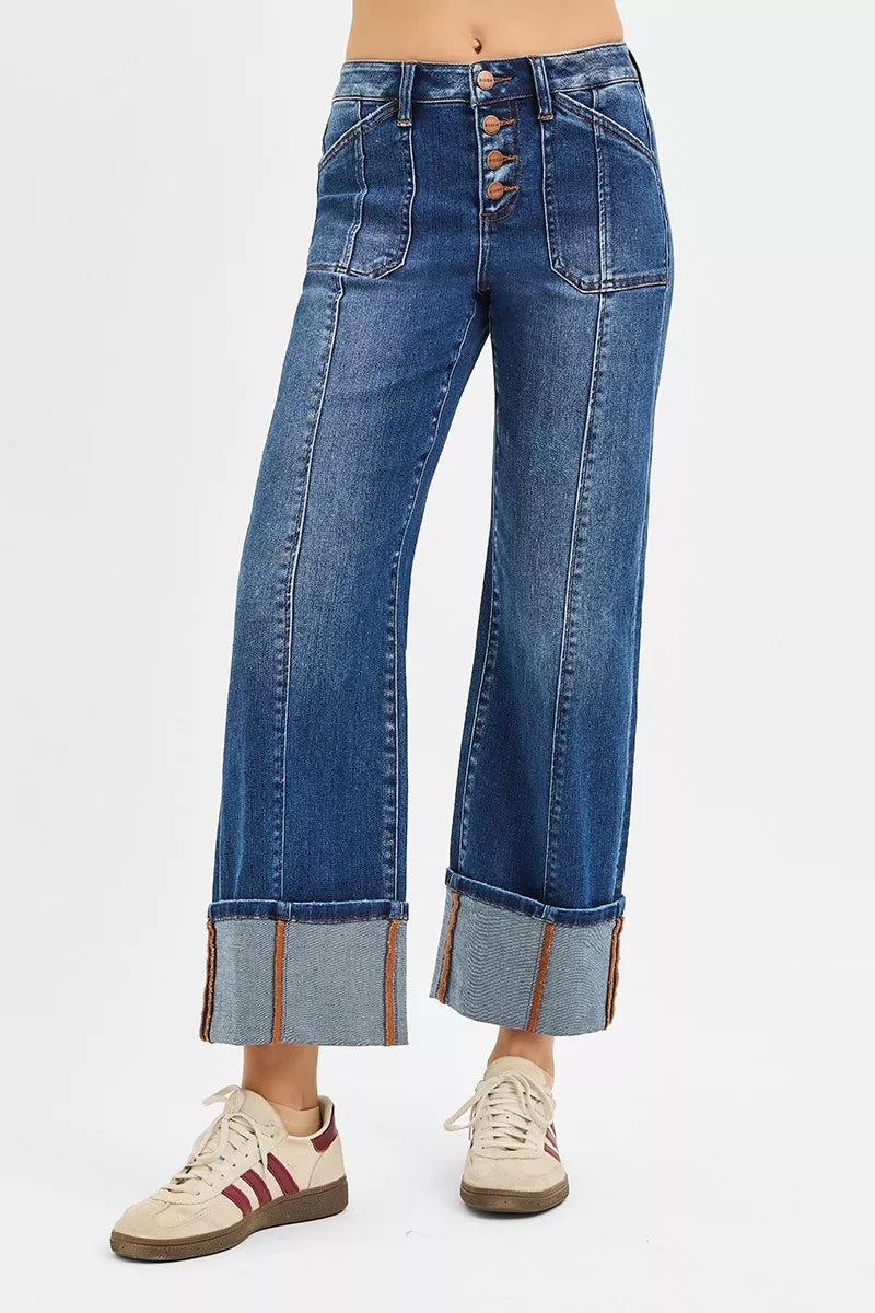 Risen Plus Size High Rise Crop Wide Straight Cuffed Jeans