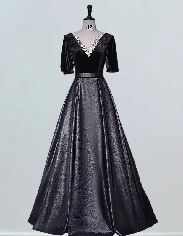 Velvet V-Neck Evening Gown | Beaded Prom & Bridesmaid Dress | Elegant Formal Attire