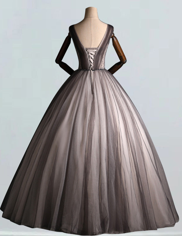 Women's Elegant V-Neck Tulle Ball Gown | Beaded Rhinestone Prom & Wedding Dress