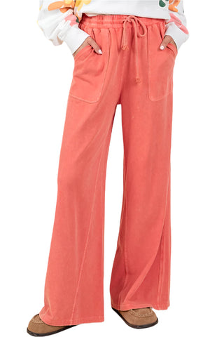 Size Large Orange Mineral Wash French Terry Drawstring Wide Leg Pants