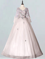 Women's Elegant Grey Lace Applique Tulle V-Neck Prom Ball Gown