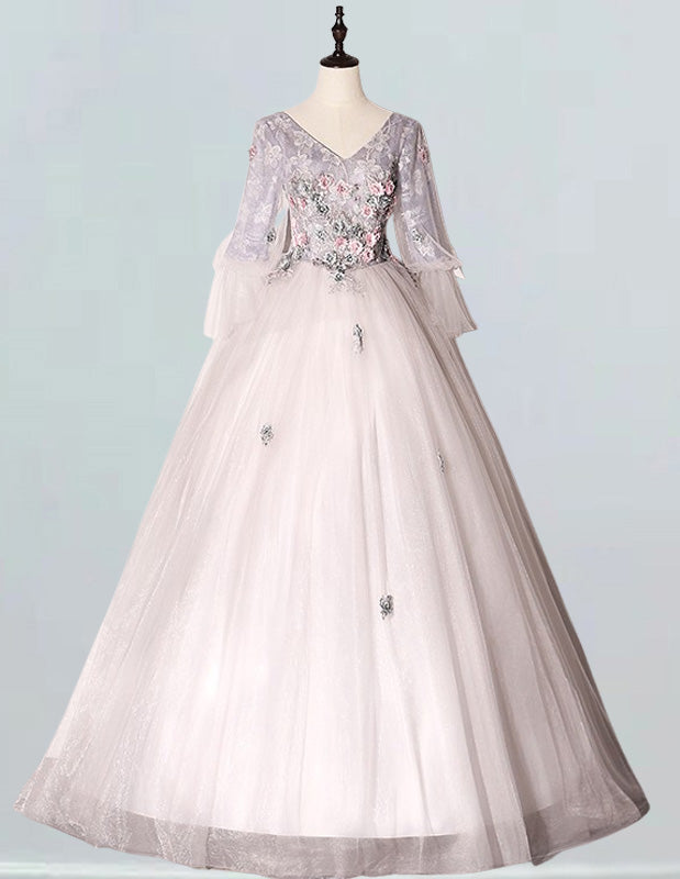 Women's Elegant Grey Lace Applique Tulle V-Neck Prom Ball Gown