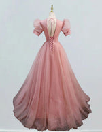 Women's Pink V-Neck Lace Applique Long Prom Dress | Elegant Evening Ball Gown