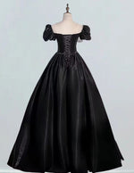 Women's Elegant Black Satin Evening Gown with Sleeves | Scoop Neck Prom Dress