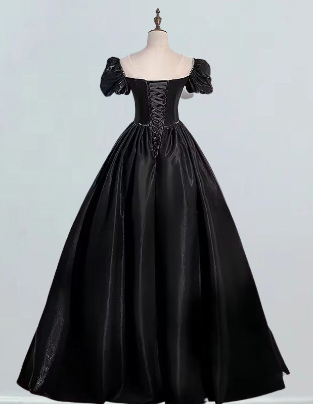 Women's Elegant Black Satin Evening Gown with Sleeves | Scoop Neck Prom Dress