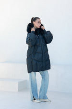 Celeste Genuine Fur Trim Down Fill Coat in Black