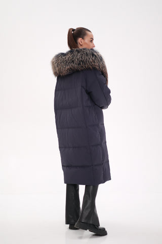 Rei Genuine Fur Trim Hooded Down Coat in Navy - By Baano