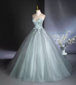 Dusty blue scoop lace applique long tulle ball gown