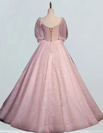Women's Pink Tulle V-Neck Prom Dress Ball Gown