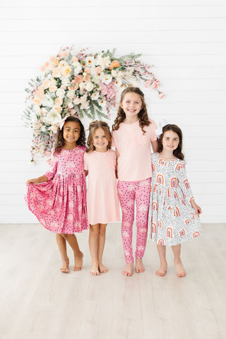 Peach Rainbow 3/4 Sleeve Pocket Twirl Dress