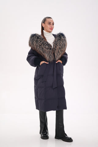 Rei Genuine Fur Trim Hooded Down Coat in Navy - By Baano