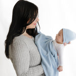 Luxe Collection 100% Organic Cotton Luxury Knit Baby Blanket + Hat Set with Gift Box Bleu La La