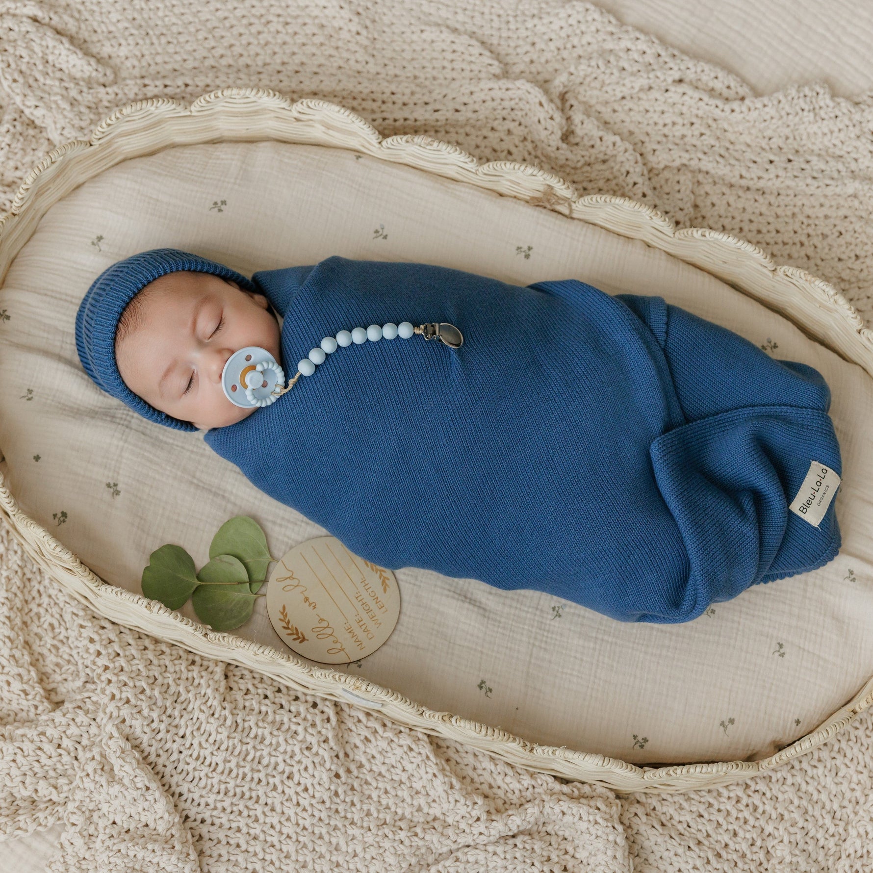 Luxe Collection 100% Organic Cotton Luxury Knit Baby Blanket + Hat Set with Gift Box Bleu La La