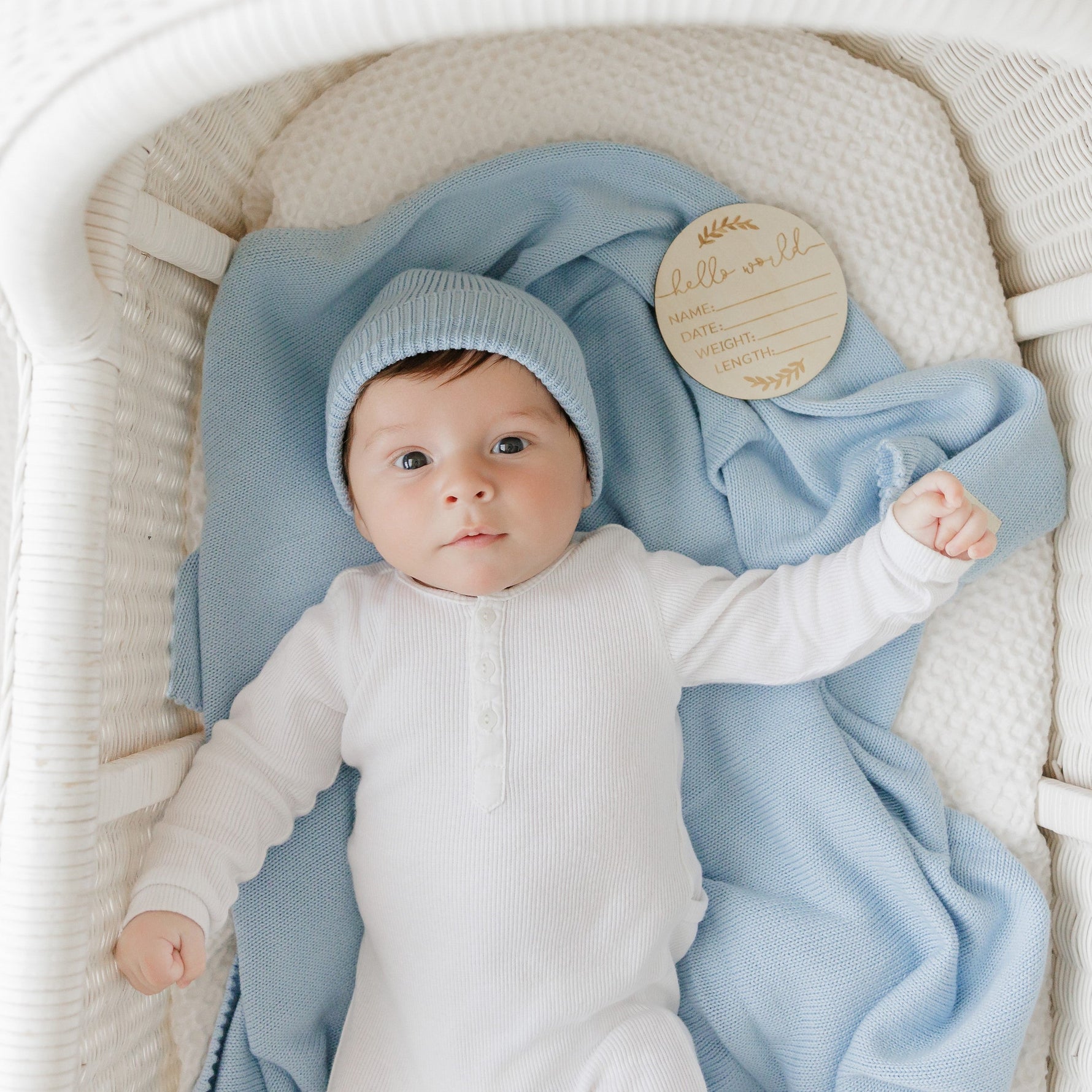 Luxe Collection 100% Organic Cotton Luxury Knit Baby Blanket + Hat Set with Gift Box Bleu La La