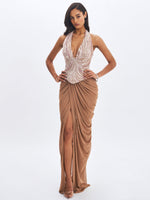 Nancie Apricot Beaded Halter Peplum Ruched Maxi Dress