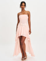 Mae Pink Ruched Breast Appliqué Trim Trailing Dress