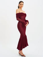 Kaedyn Burgundy Off Shoulder Long Sleeve Crochet Mermaid Maxi Dress Miss Circle