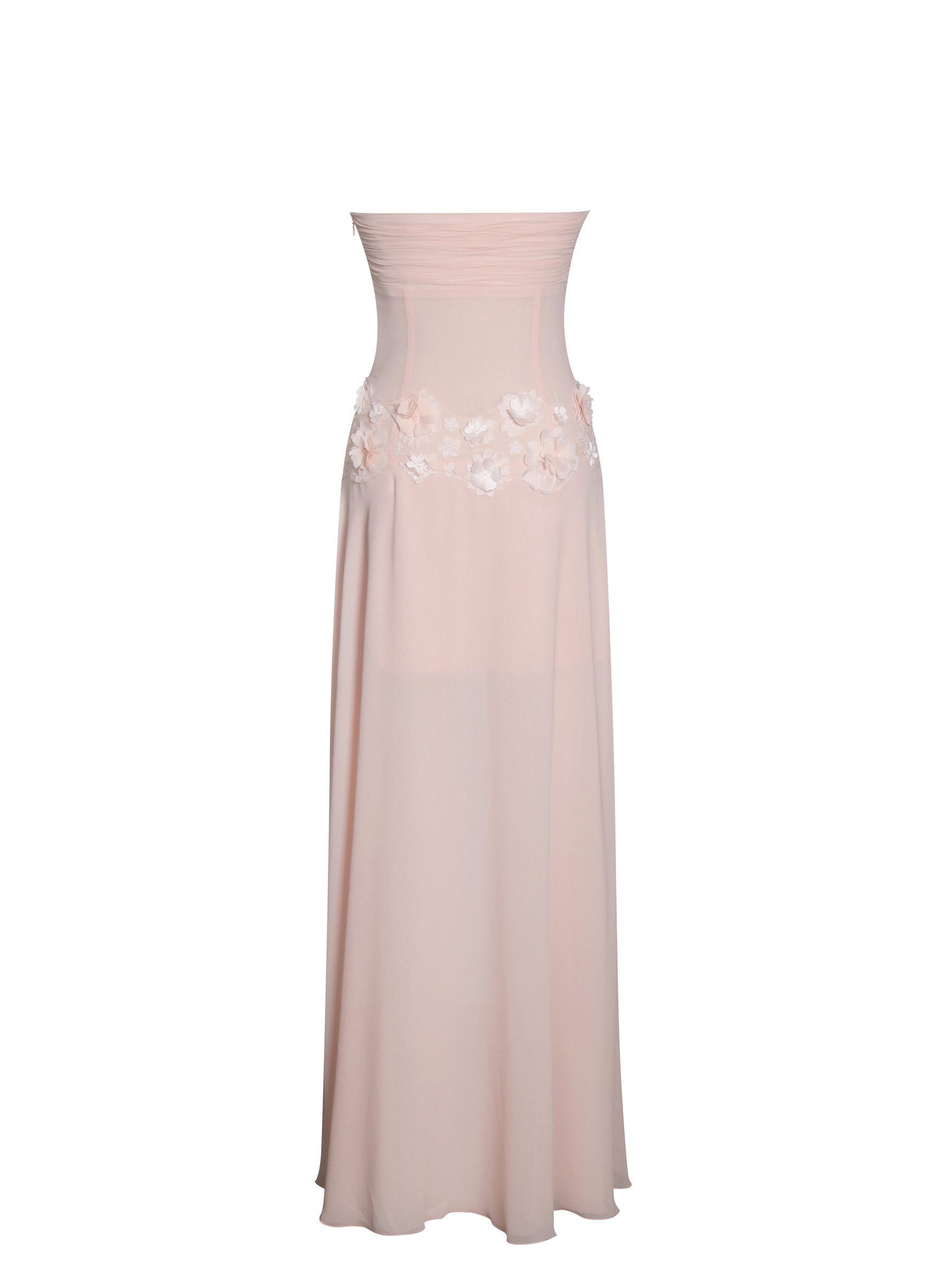 Mae Pink Ruched Breast Appliqué Trim Trailing Dress