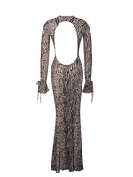 Waylynn Nude Black Animal Print Burnout Velvet Detail Mesh Backless Maxi Dress