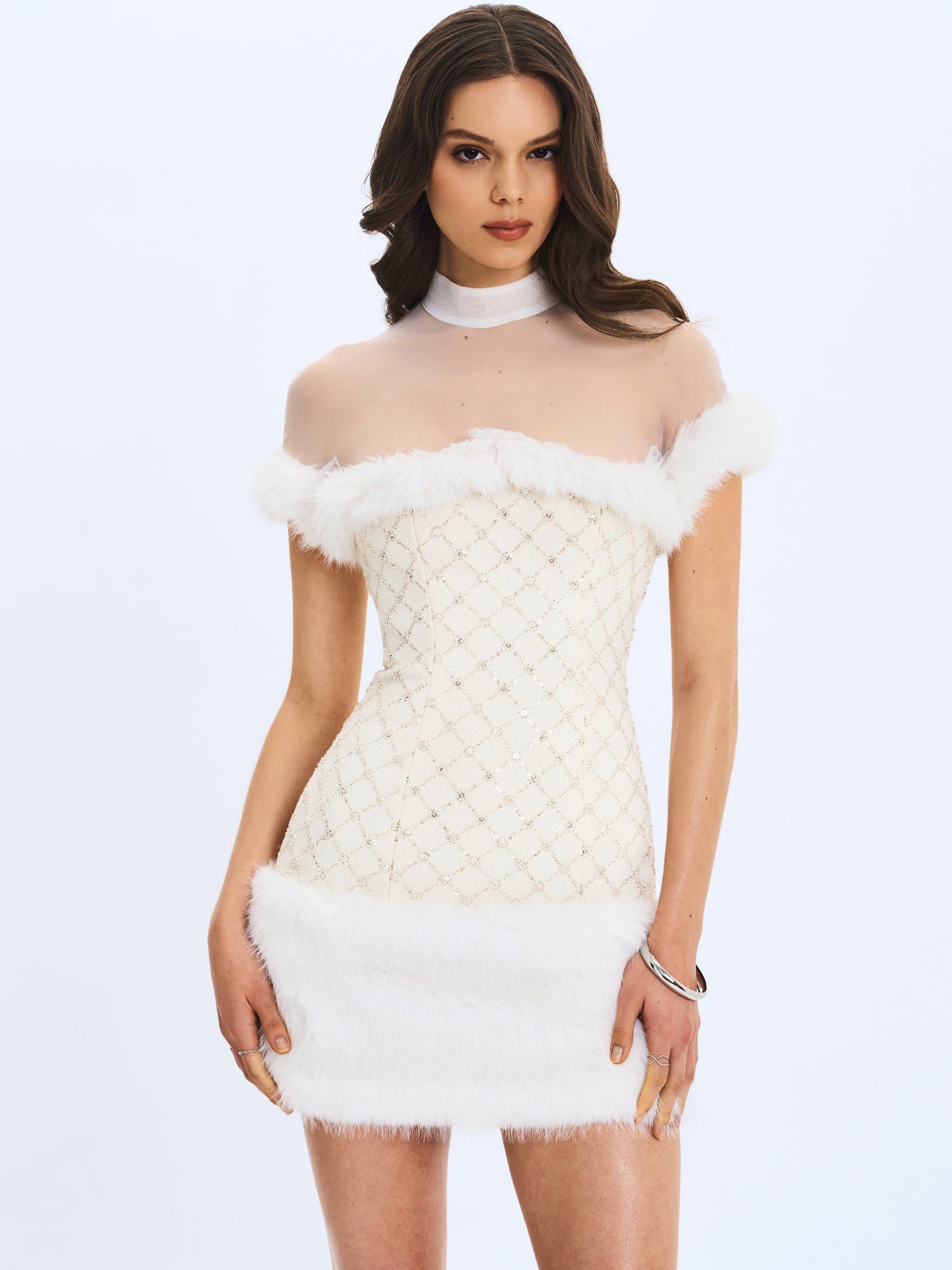 Taylor Ivory Fur Trimmed Beaded Bouclé Mini Dress Miss Circle