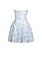 Taleah Blue Floral Print Linen Mini Dress with Lace Trim