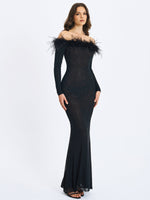 Emberly Black Fur Trimmed Off-Shoulder Rhinestone Mermaid Maxi Dress Miss Circle