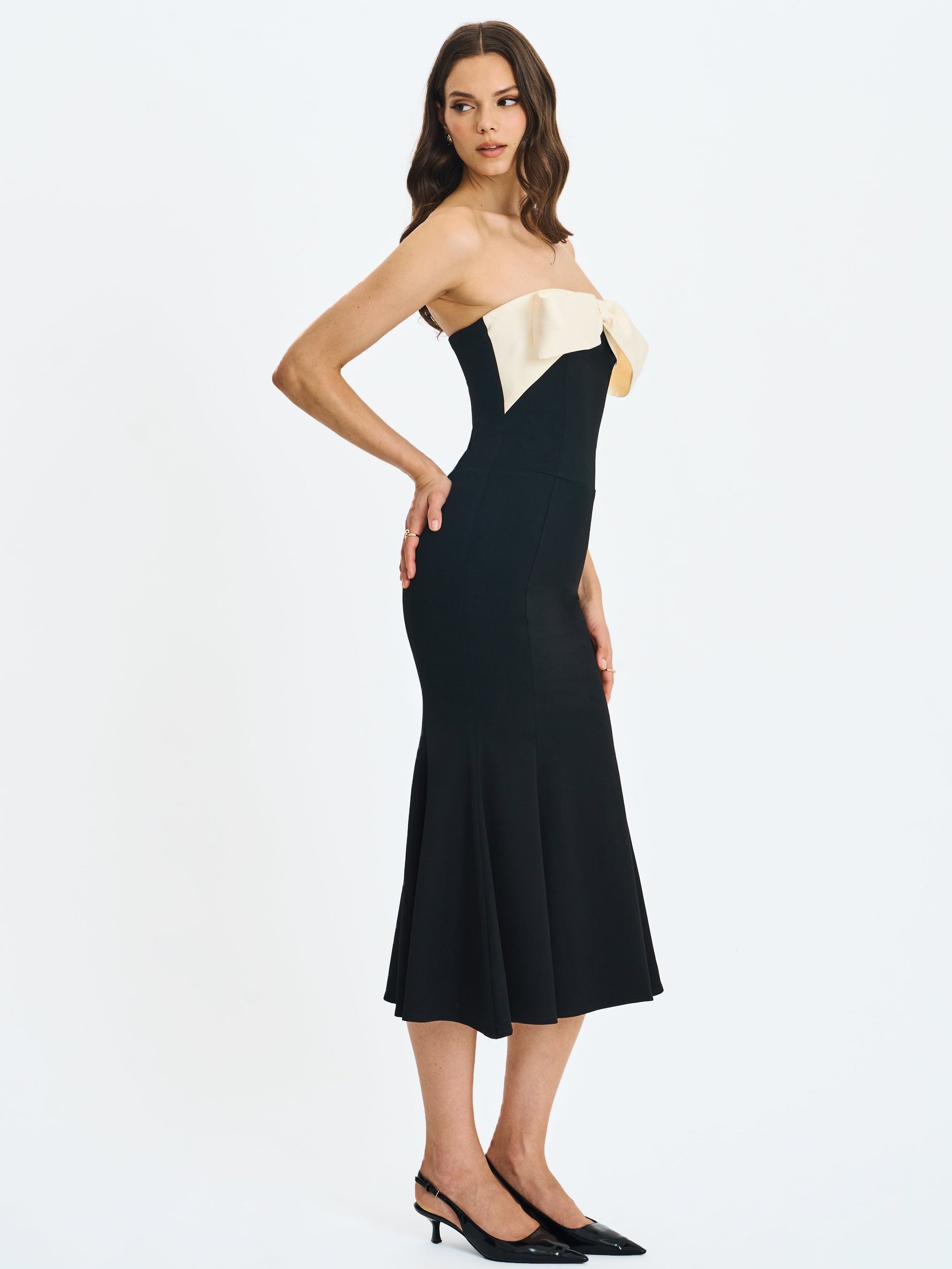 Saige Black Mermaid Midi Dress with Ivory Bow Bustline Miss Circle
