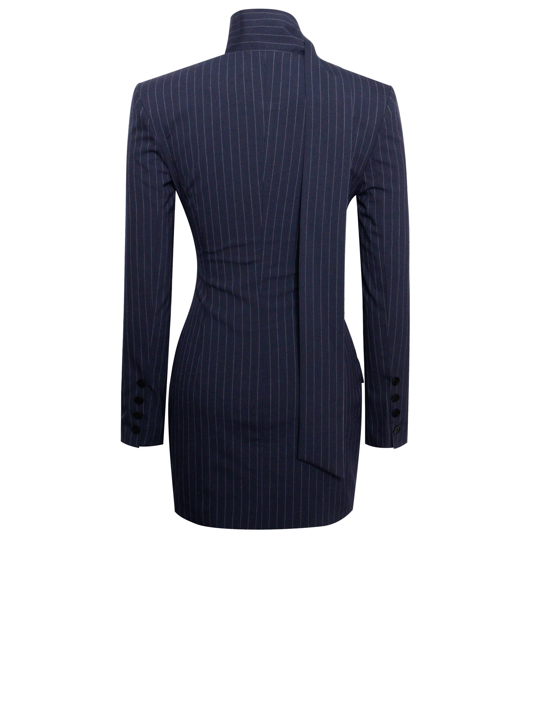 Tahlia Deep V Pinstripes Navy Blue Blazer Dress with scarf collar Miss Circle