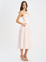 Zania Pink Stripe Ruched Breast Cotton Jacquard Midi Dress Miss Circle