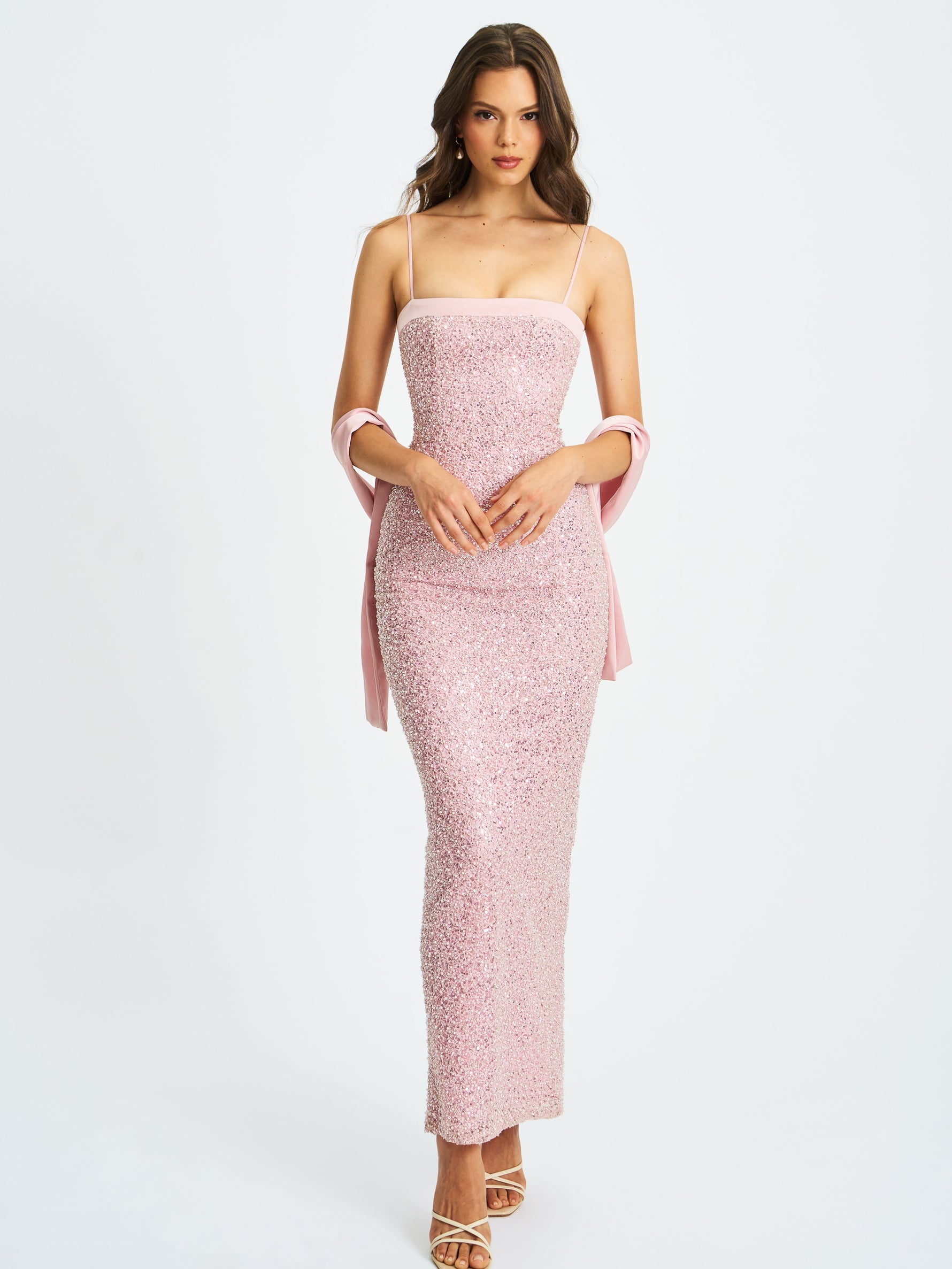 Raizel Pink Beaded Sequin Bodycon Gown with Scarf Miss Circle