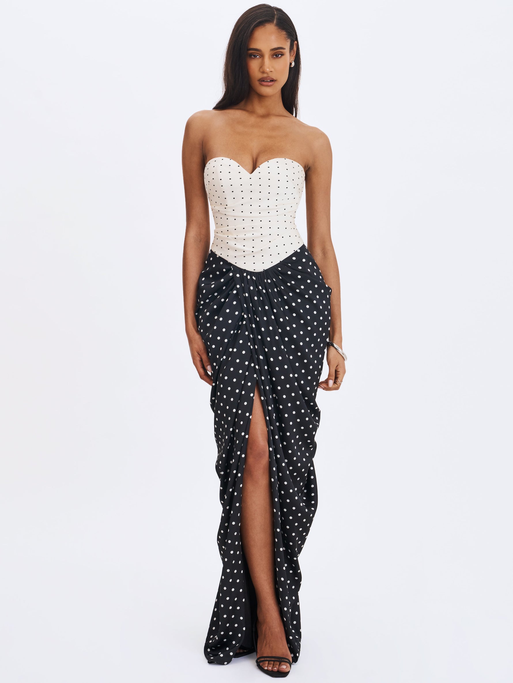 Tamryn Black & White Polka Dot Sweetheart Maxi Dress