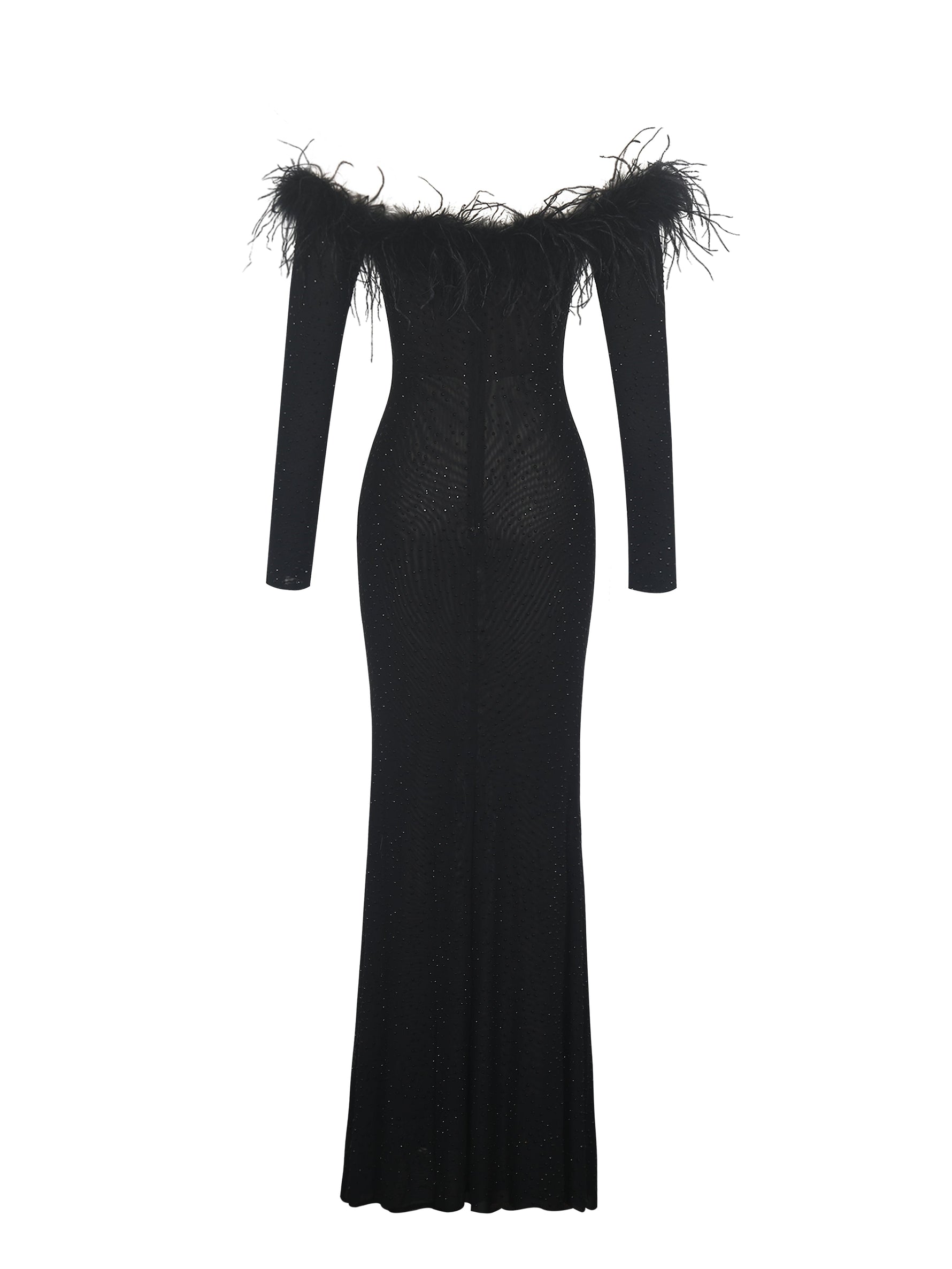 Emberly Black Fur Trimmed Off-Shoulder Rhinestone Mermaid Maxi Dress Miss Circle