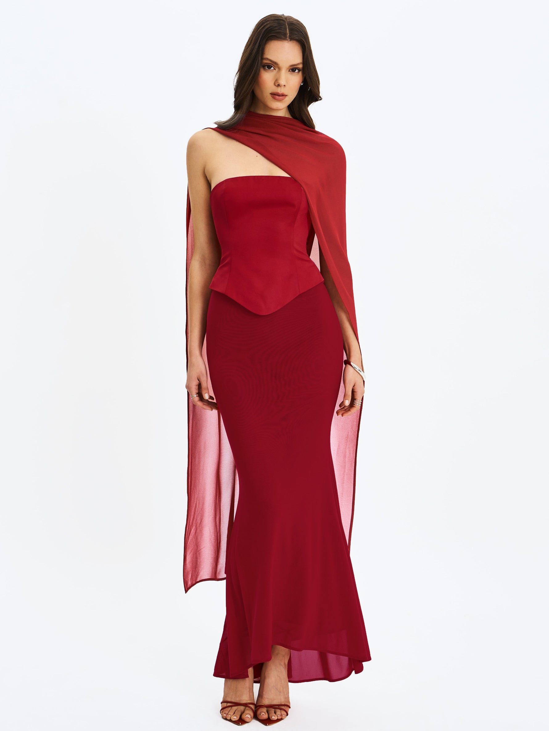 Giselle Crimson Peplum Mermaid Gown with Chiffon Scarf Miss Circle