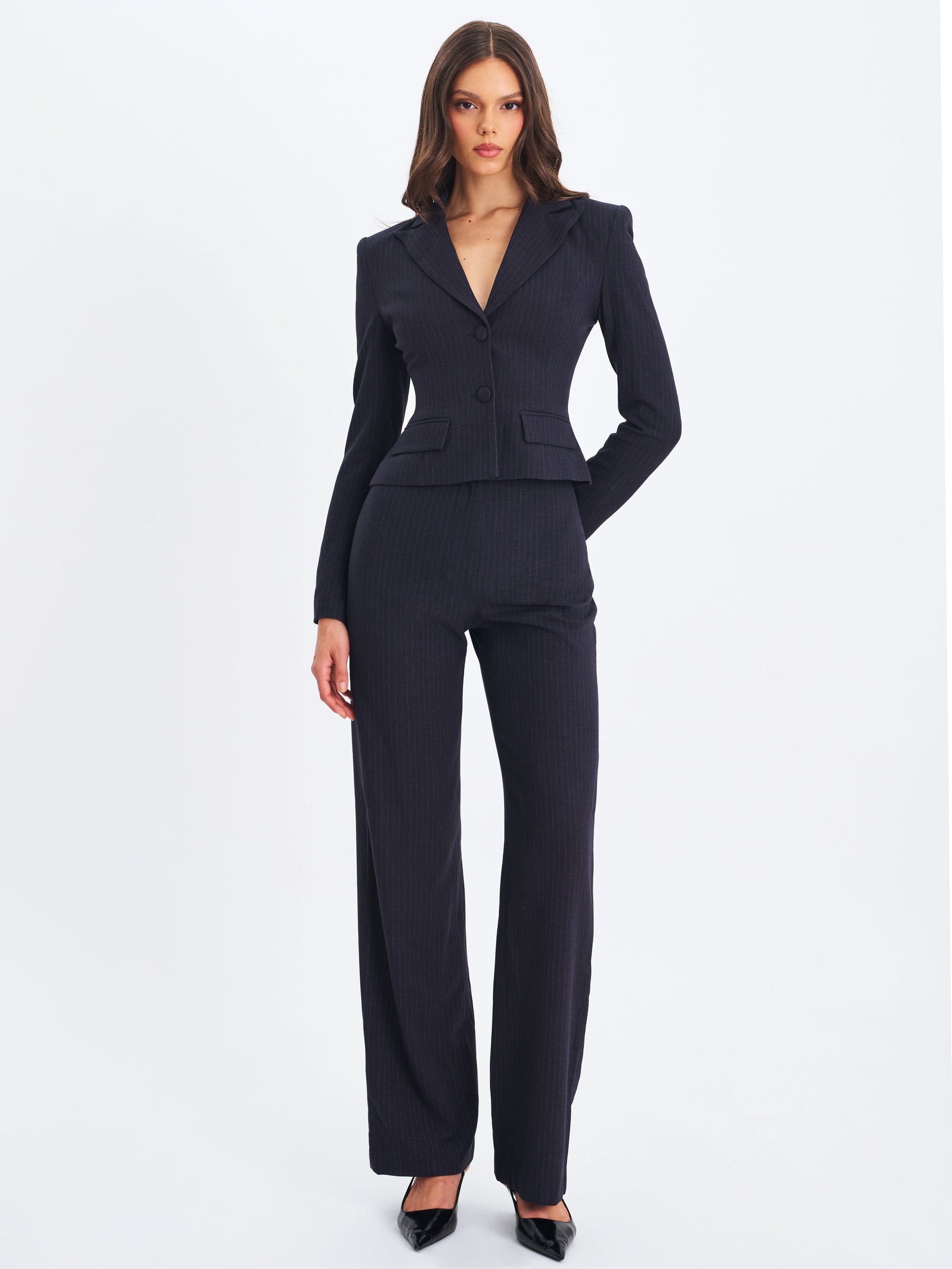 Quinne Navy Striped Single-Breasted Peplum Blazer Miss Circle