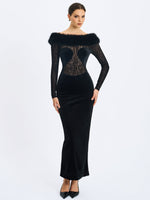 Alexis Black Velvet Animal Print Fur Boatneck Maxi Dress Miss Circle