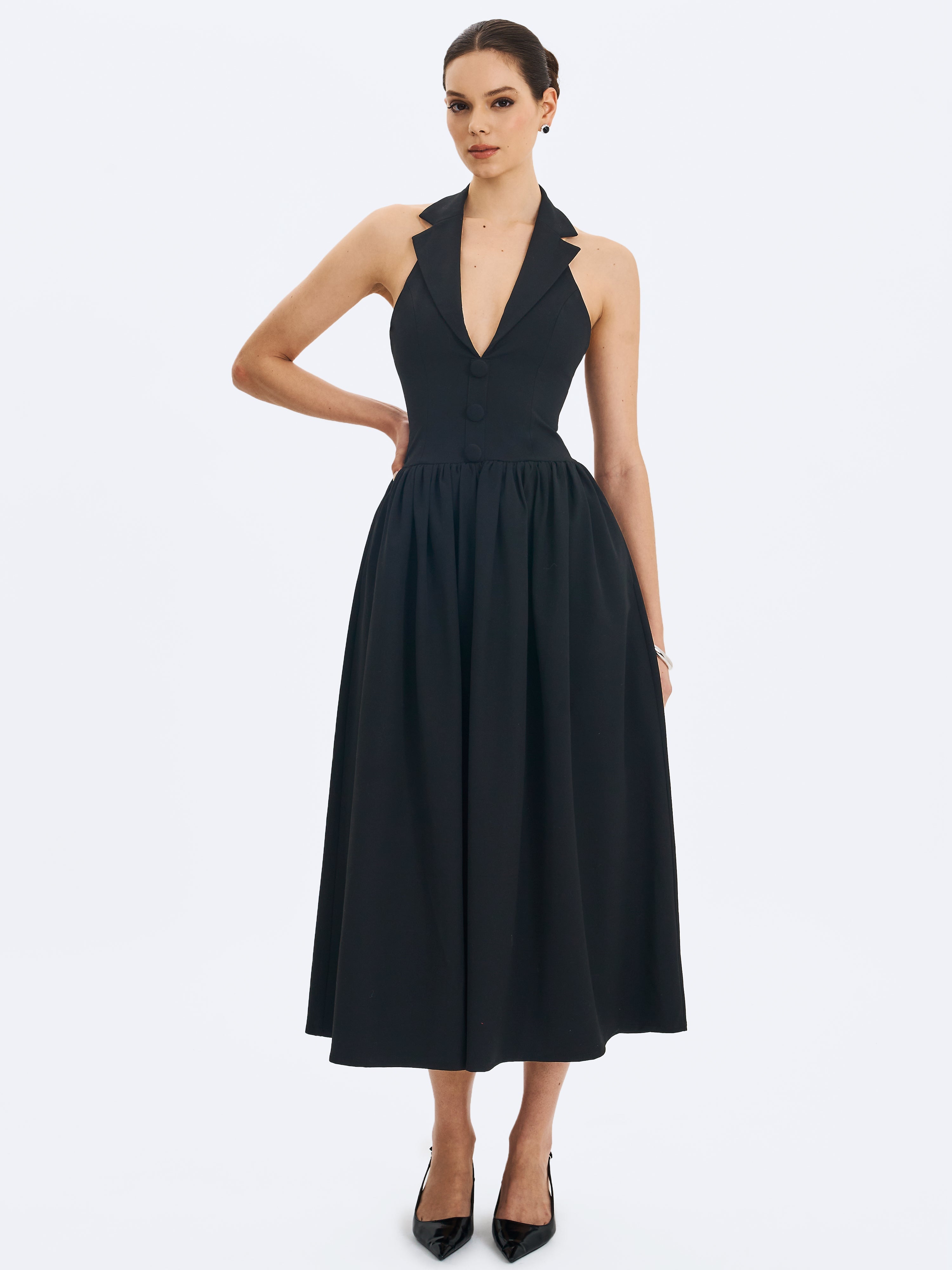 Delaney Black Lapel Halter Midi A-Line Dress Miss Circle