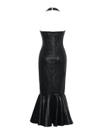 Gardenia Black Leather Midi Sweetheart Halter Flared Dress