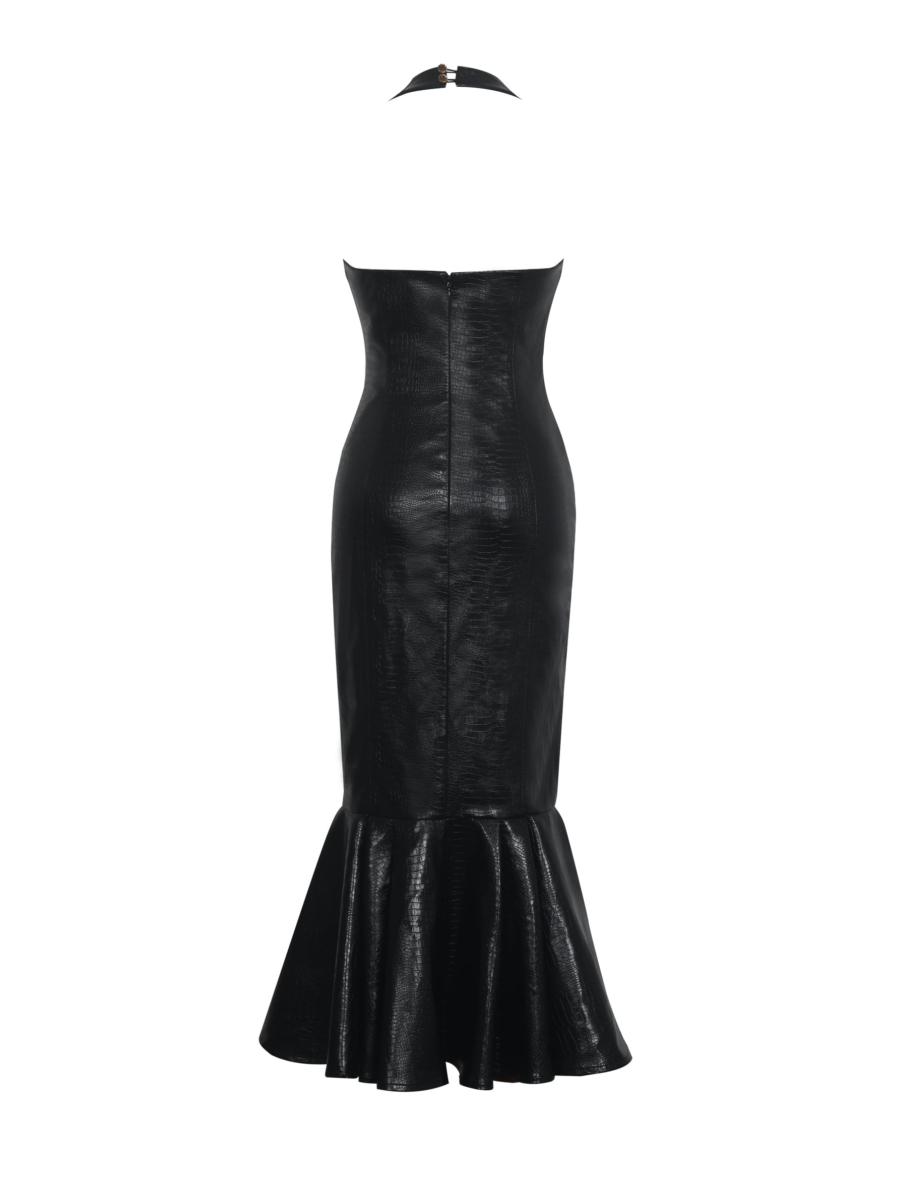 Gardenia Black Leather Midi Sweetheart Halter Flared Dress